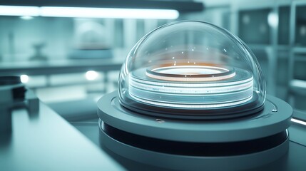 A close-up view of a spherical AI hub with rotating rings of data, glowing softly in a futuristic minimalistic lab.