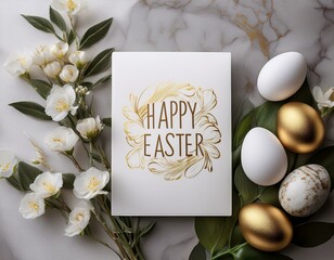 A modern Easter card mockup with embossed gold lettering reading “Happy Easter.” The elegant design features a minimalistic background, soft shadows, and refined details for a luxurious festive feel.