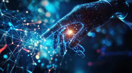 Digital hand touching network; futuristic background; AI concept