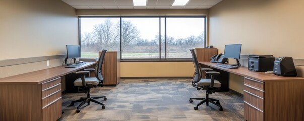Modern office workstations, rural view, carpeting