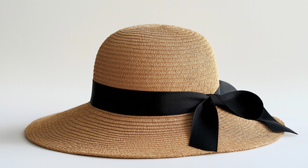 A straw hat with a black ribbon, simple and clean in style, against a white background.