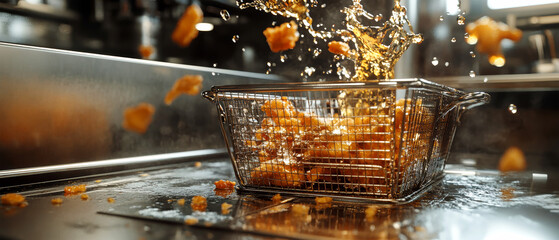 Deep-fried culinary chaos captured in a bustling industrial kitchen with a double fryer brimming with oil