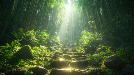 Fototapeta premium Sunlit Stone Path Through Lush Bamboo Forest