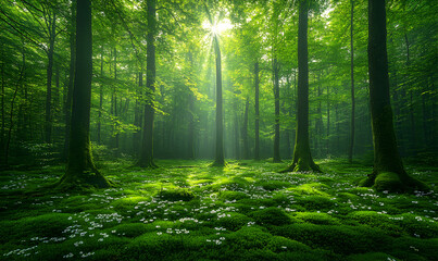 Obraz premium Sunbeams in lush green forest, spring flowers, nature background