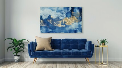 Sky Blue Sofa, Beige Pillow, Gold Side Table, Oak Wood Floor, Minimal Green Plant, Navy Blue Abstract Art