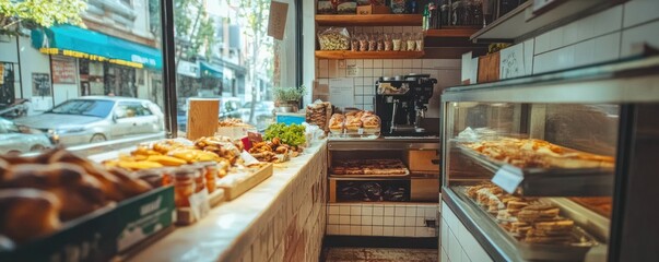 Fototapeta premium City bakery window pastries display, street view