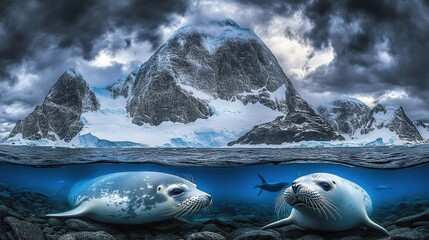 Antarctic seals underwater, mountain backdrop, stormy sky, wildlife documentary