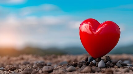 Fototapeta premium Vibrant Red Heart on Stones Against a Soft Blue Sky Background