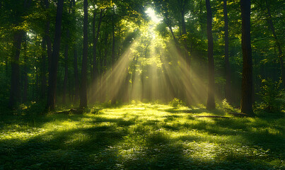 Fototapeta premium Sunbeams in misty forest clearing, nature peace