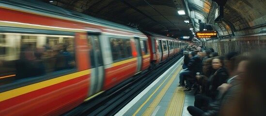 Obraz premium Rapid Transit Underground Train Speeding Past Passengers on Platform