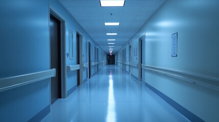 Empty hospital corridor, blue walls, night, doors, medical