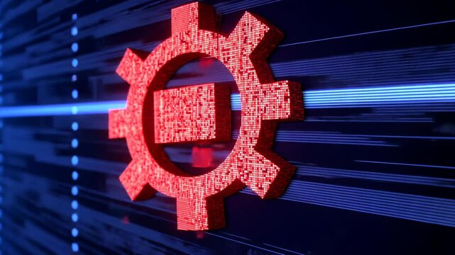 Luminous red tech construction emerging from binary, spinning amid interconnected digital network with blue red glowing lines communicating technological progression
