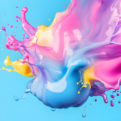 Vibrant splash of colorful paint in mid-air against a bright blue background, showcasing creativity