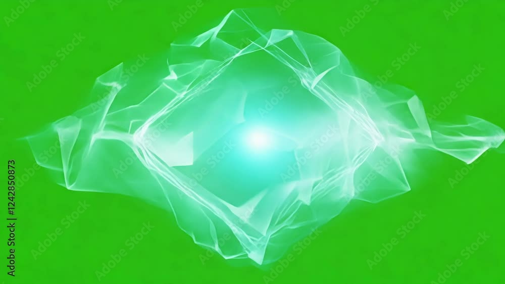 Poster translucent energy shapes pulse steadily their glow casting soft shadows on the vivid green canvas. 