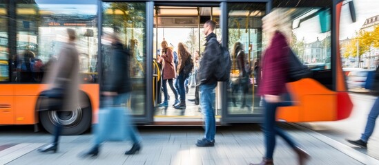Fototapeta premium Urban transit Man waits at bus stop, blurred commuters rush by