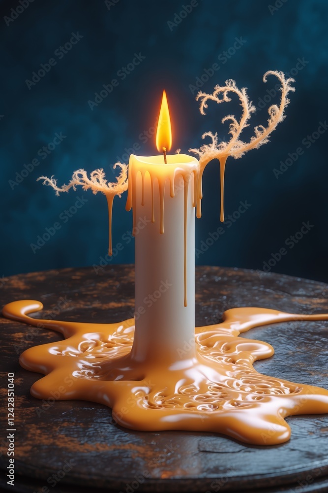 Poster candle with melting wax creating intricate patterns in dim light at an indoor setting