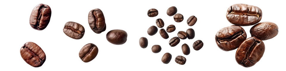 Obraz premium Coffee beans isolated on transparent background, PNG, Set of