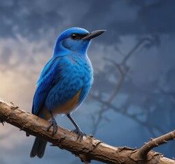 Fototapeta premium Vibrant blue bird perched on a branch, gazing out at the distant horizon, sunny, sky, macaw