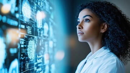 Scientist studies brain scans on futuristic screen