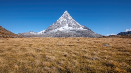 Fototapeta premium Majestic Matterhorn peak, autumnal alpine meadow, clear sky, Swiss Alps landscape, travel postcard