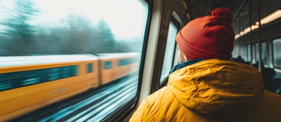 Man in yellow jacket watches train pass winter landscape