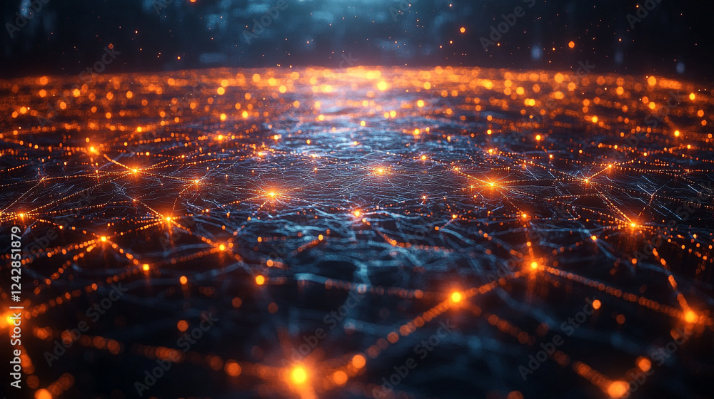 Poster abstract digital network orange glowing nodes connections lines technology web art data cyber space