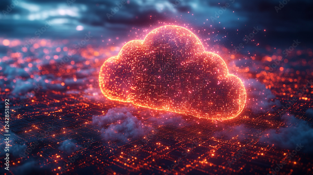 Poster digital cloud computing network abstract technology data web red glow dark cyber pixel future server