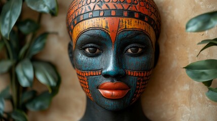 Vibrant African mask displays intricate artistry amidst natural decor