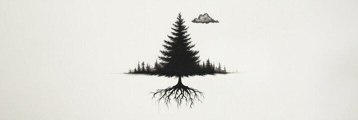 Solitary Evergreen Tree With Visible Roots and Small Cloud