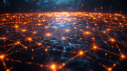 Fototapeta premium Abstract Digital Network Orange Glowing Nodes Connections Lines Technology Web Art Data Cyber Space 