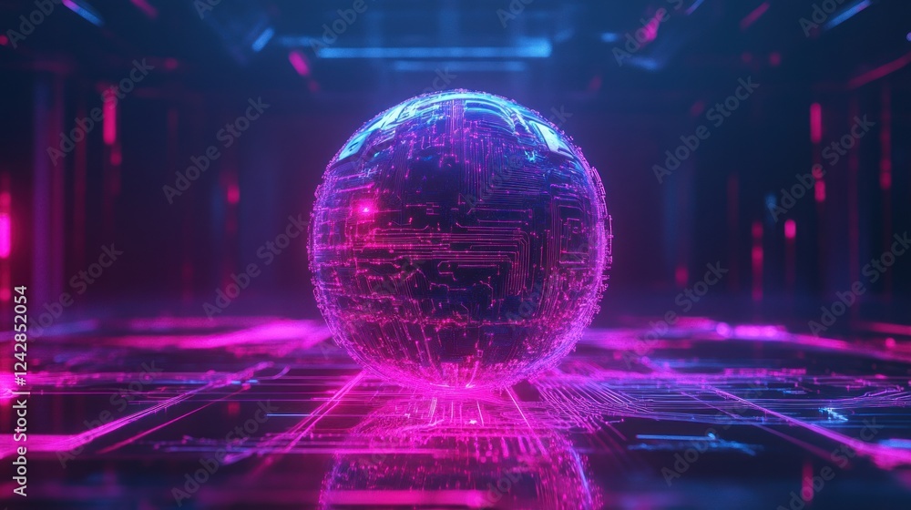 Poster futuristic sphere with circuitry design glowing in neon colors