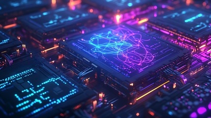 A conceptual rendering of an AI server farm, glowing brightly in deep blue and purple tones, with neural pathways visualized on holographic overlays.