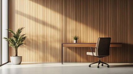 Modern office interior with wooden panel wall sunlight plant desk and chair