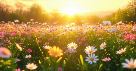 Obraz premium Golden sun casting warm light over a field of wildflowers, with soft purple, white, and yellow blossoms swaying gently in the breeze. The scene glows with warmth and serenity
