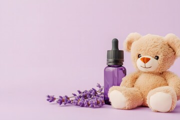 A pastel lavender background featuring a baby oil bottle next to a soft plush teddy. Copy space available . Concept of baby care products .


