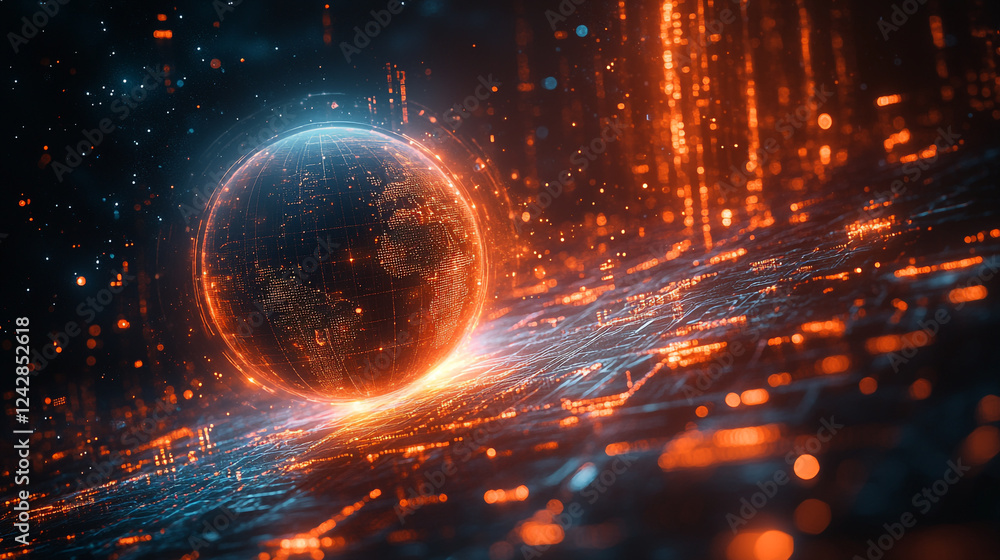 Aufkleber digital globe futuristic technology network orange glow abstract background art data world cyber