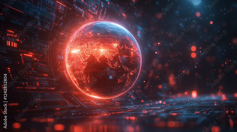 Poster digital globe futuristic technology red network global data glow dark world cyber space lines light
