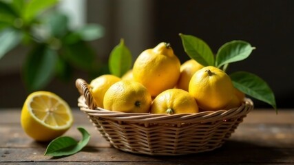 lemons in a wicker basket on a wooden table
