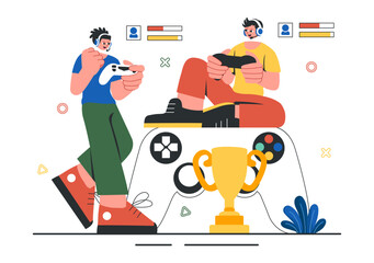 E-Sports Tournament Vector Illustration featuring Two Players Competing in an Online Game for a Cyber Sports Competition inside a Gaming Arena © denayune