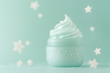 Luxurious Hydrating Magic Glow Skincare Cream Jar with Magical Sparkles on a Soft Pastel Green Background .Beauty and Wellness Concept with copy space.