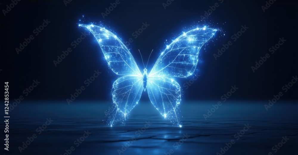 Poster glowing butterfly wings softly illuminating the dark sky, with a mesmerizing, ethereal effect, surro