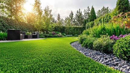 Obraz premium Serene Garden Landscape: Lush Green Lawn, Stone Path, and Relaxing Seating Area