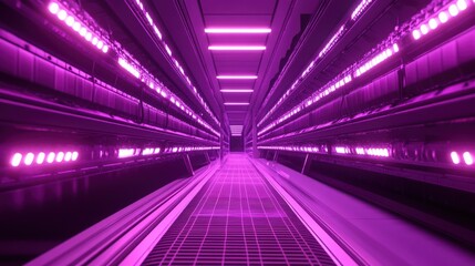 Fototapeta premium Pink-lit futuristic server room corridor; data center walkway, background rows of servers