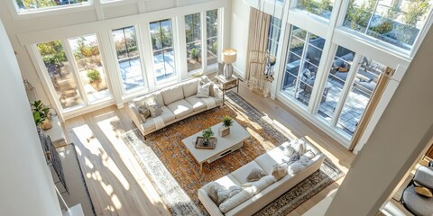 Sunlit Living Room with Two Sofas and Large Windows