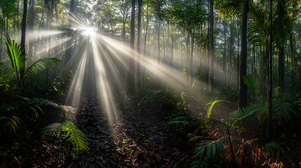 Obraz premium Sunbeams in Tropical Rainforest, Lush Plants, Misty Atmosphere, Nature Photography