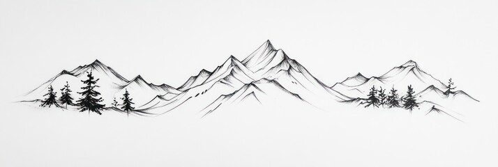 Fototapeta premium Ink Drawing of Majestic Mountains and Evergreen Trees