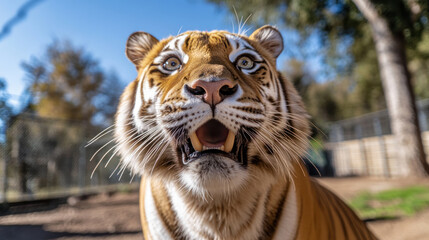 Obraz premium golden tiger with white stripes looks curious and playful in natural setting, surrounded by trees and clear blue sky. close up captures its expressive face and vibrant fur pattern