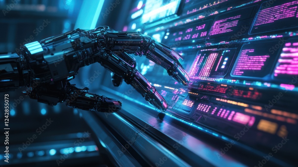 Poster robotic hand interacting with futuristic digital interface