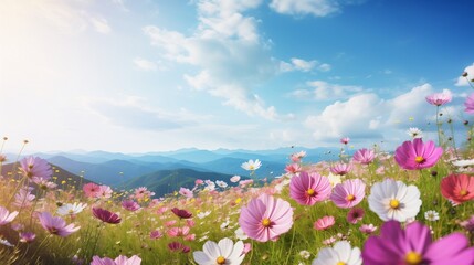 Fototapeta premium Colorful cosmos flowers blooming in garden with blue summer sky and mountain backdrop