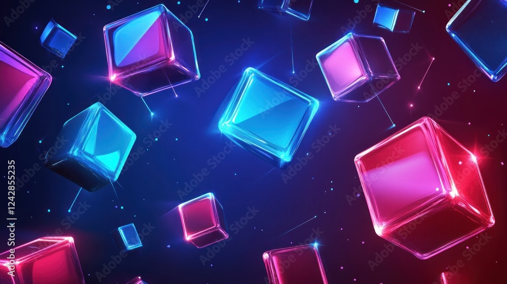 Poster glowing cubes float in a dark blue space